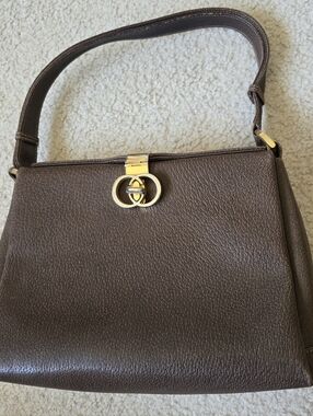 Vintage Gucci Brown Leather Structured Shoulder Bag with GG Logo & Serial #